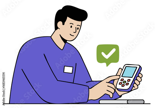 A young professional inspects a mobile device, utilizing digital tools. Modern, clean illustration style. Focus on technology and workflow.