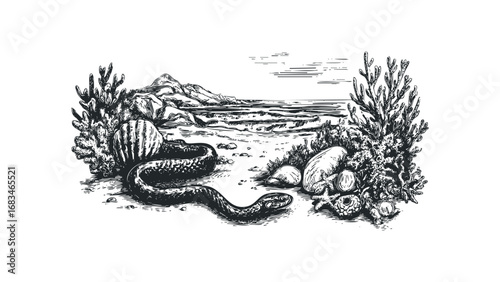 Detailed engraving of a sea serpent and marine life on a sandy shore. Vector hand drawn illustration