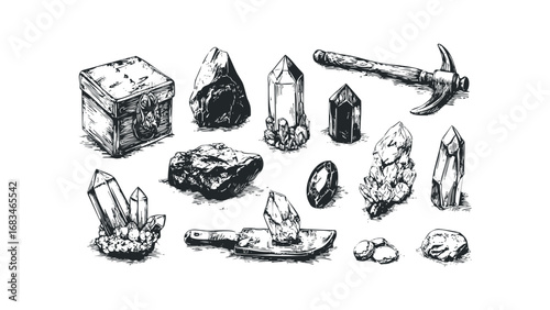 Collection of hand-drawn rough stones, crystals, and mining tools on transparent background. Vector hand drawn illustration