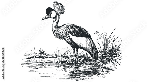 Black crowned crane standing in shallow water among tall reeds. Vector hand drawn illustration