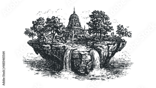 Ornate architectural dome atop a rugged island with trees and cascading waterfall. Vector hand drawn illustration