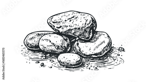 Pile of Smooth River Stones with Water Ripples Drawn in Sketch Style. Vector hand drawn illustration