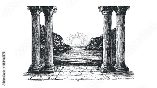 Stone columns framing a view of a sunburst over a rocky coast and water. Vector hand drawn illustration