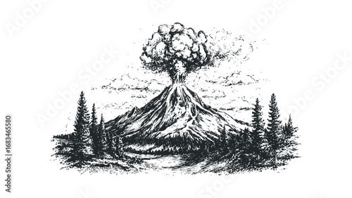 Detailed Ink Sketch of an Active Volcano Erupting with Ash Cloud and Pine Trees. Vector hand drawn illustration