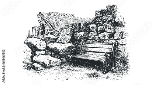 Sketch of ancient ruins with a weathered stone wall and a park bench. Vector hand drawn illustration