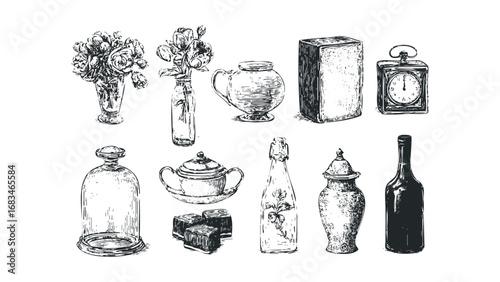 Collection of antique objects and floral arrangements in sketch style. Vector hand drawn illustration