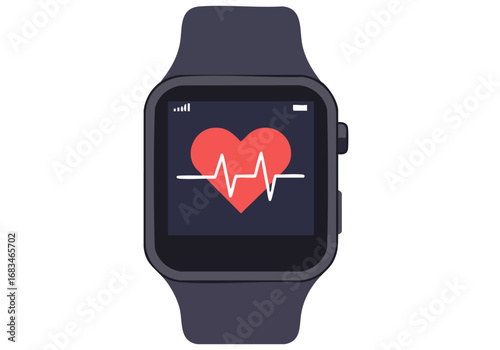 A stylish smartwatch displays a heart rate monitor with a red heart icon. Modern, minimalist design. Perfect for health, technology, and lifestyle visuals.