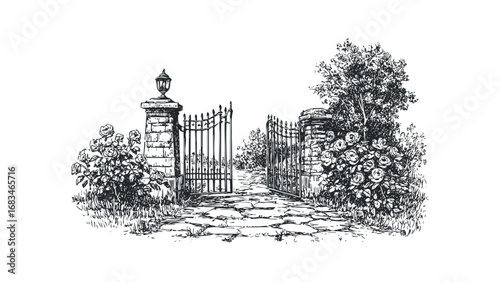 Ornate wrought iron gate with stone pillars and rose bushes sketch. Vector hand drawn illustration