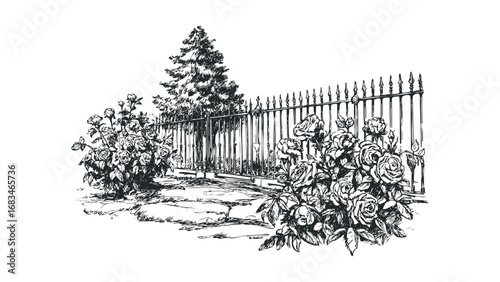 Sketch of rose bushes and ornate fence with evergreen tree. Vector hand drawn illustration