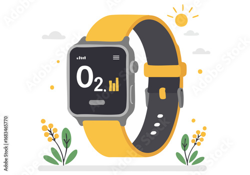 A stylish smartwatch displays oxygen levels, set against a sunny outdoor backdrop with foliage. Modern, flat design illustration. Perfect for health, wellness, and technology concepts.