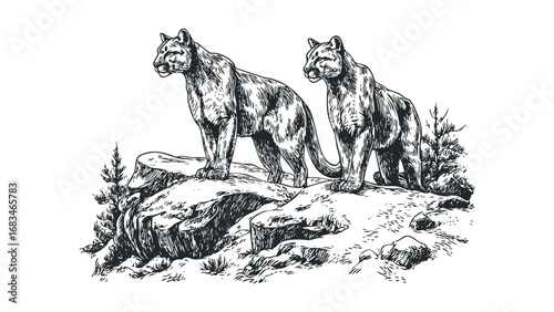 Two majestic cougars standing on rocky terrain with sparse vegetation. Vector hand drawn illustration