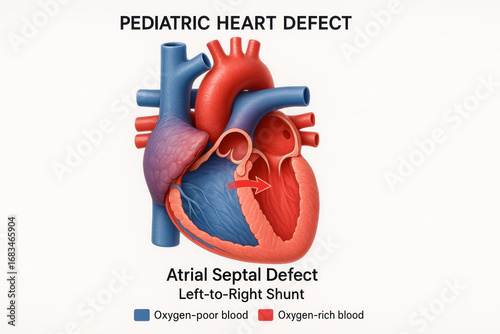 Pediatric Heart Defect: Atrial Septal Defect Illustration showing Left-to-Right Shunt with oxygen-poor and oxygen-rich blood indication