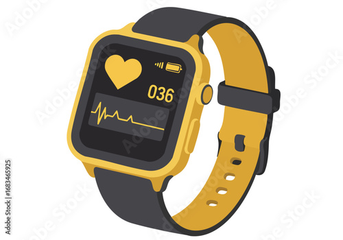 A stylized smartwatch displays a heart rate monitor and time. Bold yellow and gray design. Modern, tech-focused graphic. Ideal for health, fitness, and wearable technology concepts.
