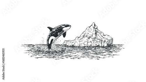 Orca whale breaching near iceberg in sketch style. Vector hand drawn illustration