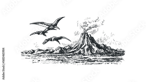 Pterodactyls Fly Over Volcano Eruption Landscape Sketch. Vector hand drawn illustration
