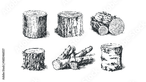 Six hand drawn vintage wood logs on transparent background. Vector hand drawn illustration