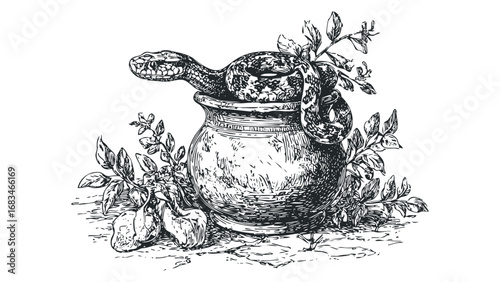 Vintage Serpent Resting In Ornate Jar Surrounded By Leaves and Fruit. Vector hand drawn illustration