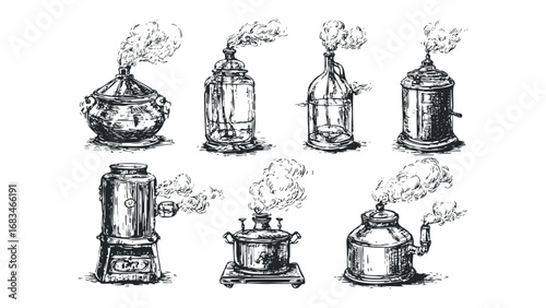Collection of Antique Samovars and Vaporizing Devices with Smoke Detail. Vector hand drawn illustration