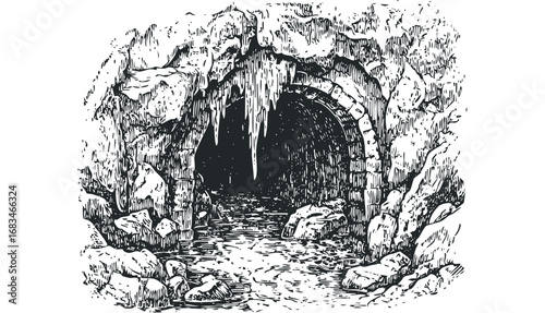 Entrancing cave entrance with dripping icicles and rough stone pathway. Vector hand drawn illustration