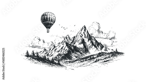 Sketch of hot air balloon floating over majestic mountains and pine forest. Vector hand drawn illustration