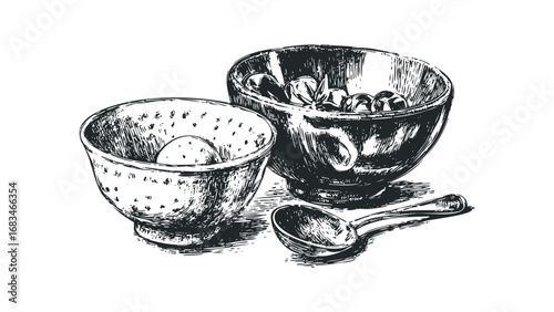Hand-drawn black and white sketch of two vintage bowls and a spoon. Vector hand drawn illustration