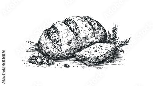 Rustic whole wheat bread loaf with wheat stalks and nuts. Vector hand drawn illustration
