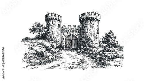 Medieval Castle Gate With Towers And Trees Drawn On Transparent. Vector hand drawn illustration