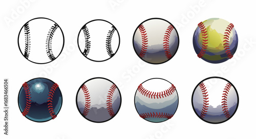 Vector SVG Illustration Set of Baseballs in Modern Flat Style with Gradient Colors and Detailed Stitching for Sports Branding and Digital Media