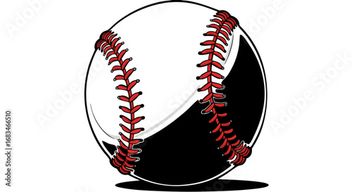 Vector SVG Illustration of Baseball with Black and White Panels and Red Stitching in Modern Flat Style for Sports Branding
