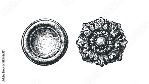 Detailed ink drawing of a decorative carved circular medallion and a floral element. Vector hand drawn illustration