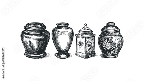 Sketch of four antique decorative vessels with ornate details. Vector hand drawn illustration