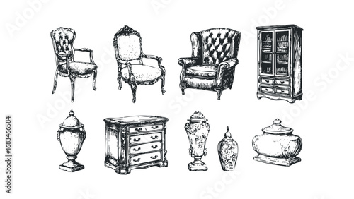 Collection of antique furniture and decorative urns, hand-drawn sketch. Vector hand drawn illustration