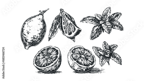 Hand-drawn sketch of ripe lemons and fresh basil leaves in a still life composition. Vector hand drawn illustration