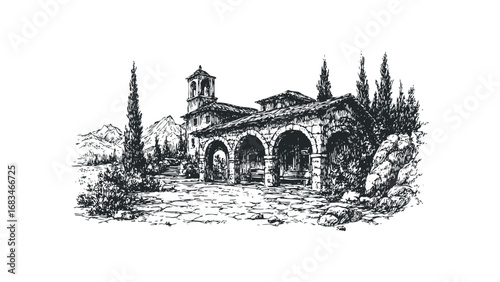 Detailed ink sketch of an old arched stone building with a bell tower and cypress trees. Vector hand drawn illustration