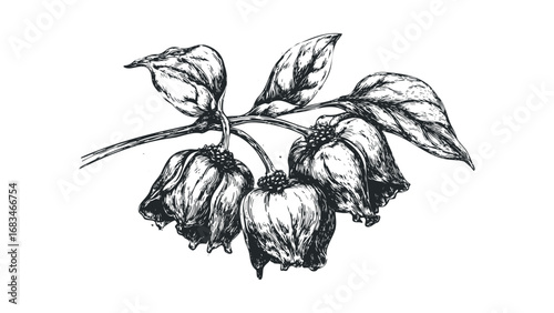 Hand Drawn Ink Sketch of a Branch with Bell Shaped Flowers and Leaves. Vector hand drawn illustration