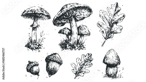 Group of Hand Drawn Forest Fungi and Oak Leaves on White. Vector hand drawn illustration