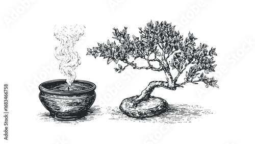 Hand drawn ink sketch of a bonsai tree next to a steaming incense burner. Vector hand drawn illustration