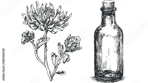 Line Drawing of Protea Flower and Corked Glass Bottle. Vector hand drawn illustration