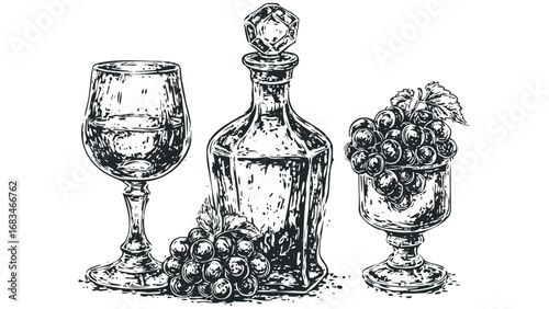 Engraved style still life with grapes and liquor decanter on transparent background. Vector hand drawn illustration