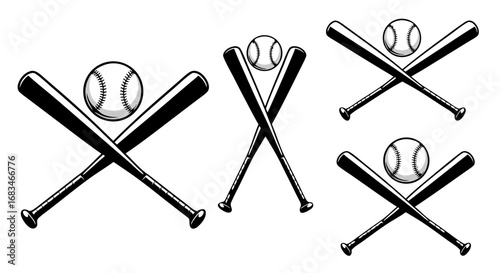 Minimalist Vector SVG Illustration of Baseball Bats and Ball in Flat Design Style with Monochrome Black and White Colors for Sports Branding