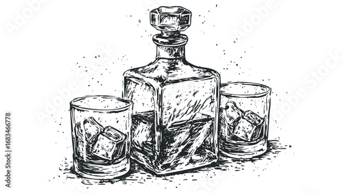 Sketch of Whiskey Decanter and Two Glasses Filled with Ice Cubes. Vector hand drawn illustration