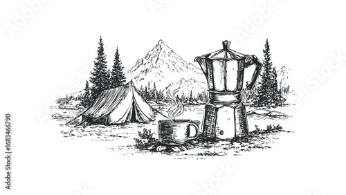 Sketch of camping scene with coffee pot and tent in mountains. Vector hand drawn illustration
