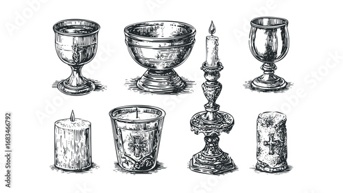 Ornate chalices, burning candle, and stone with cross. Vector hand drawn illustration