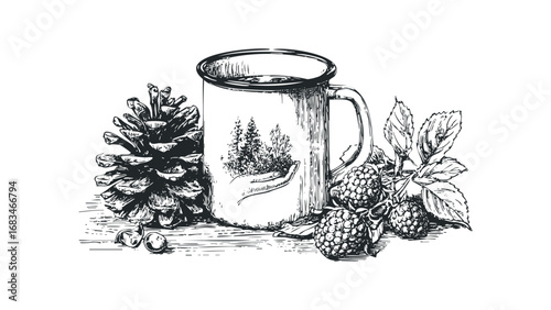Hand drawn sketch of a tin mug with forest scene, pine cone and raspberries. Vector hand drawn illustration