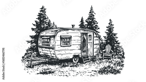 Vintage travel trailer with Adirondack chair nestled among pine trees. Vector hand drawn illustration