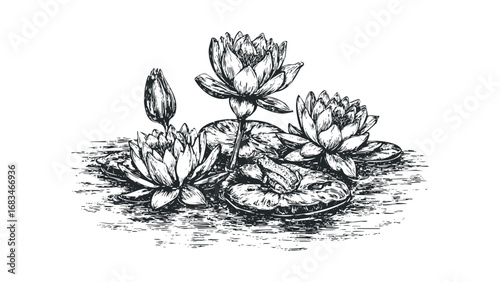 Detailed Ink Sketch of Water Lilies and Frog on Pond Surface. Vector hand drawn illustration