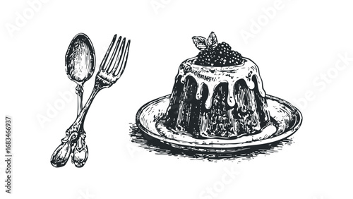 Sketch of dessert with berries and spoon and fork. Vector hand drawn illustration