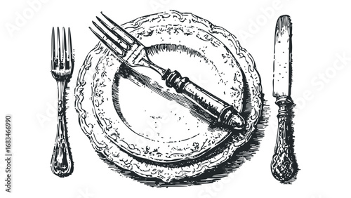 Vintage ornate fork and knife set with decorative plate drawing. Vector hand drawn illustration