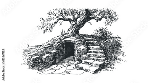 Ancient stone staircase leading to a cave entrance under a bare tree. Vector hand drawn illustration