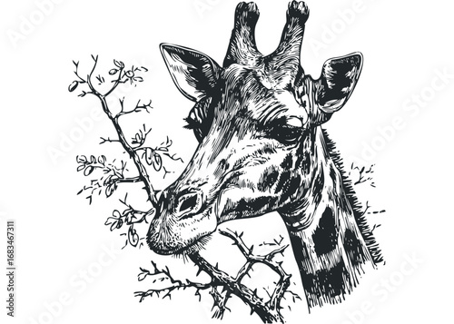 Head of a Giraffe Nibbling on Tree Branches in a Sketchy Style. Vector hand drawn illustration